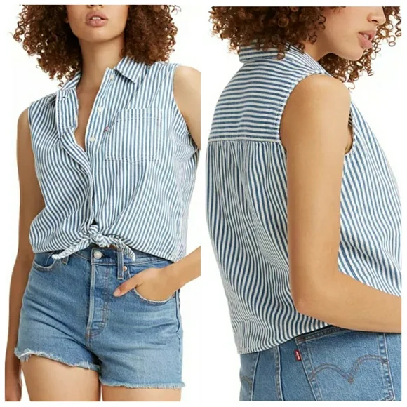 💎NWT Levi's Striped Cotton Denim Tie Top - Picture 1 of 8